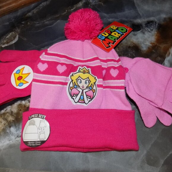 Nintendo Princess Peach Multi-Color 3 PC Beanie Hat, Flip-Top Glove, Glove Set - Picture 2 of 3